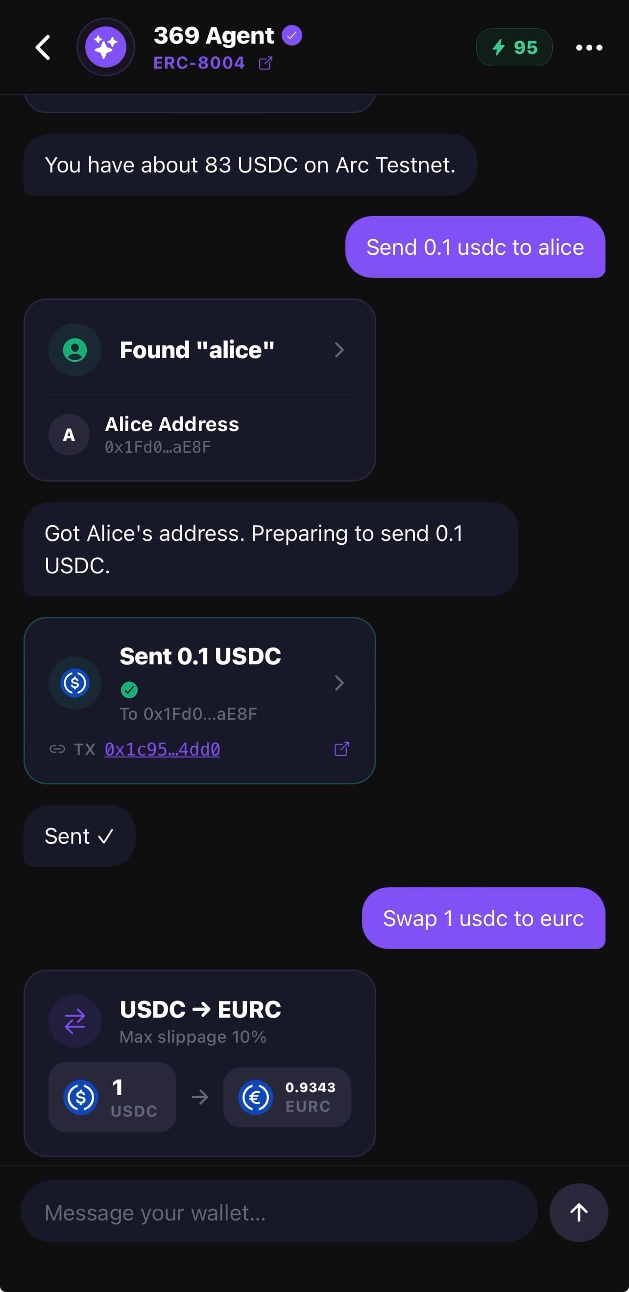 369 Wallet AI Agent chat — check USDC balance, send 0.1 USDC to a saved contact named Alice, then swap USDC to EURC, all in one conversation