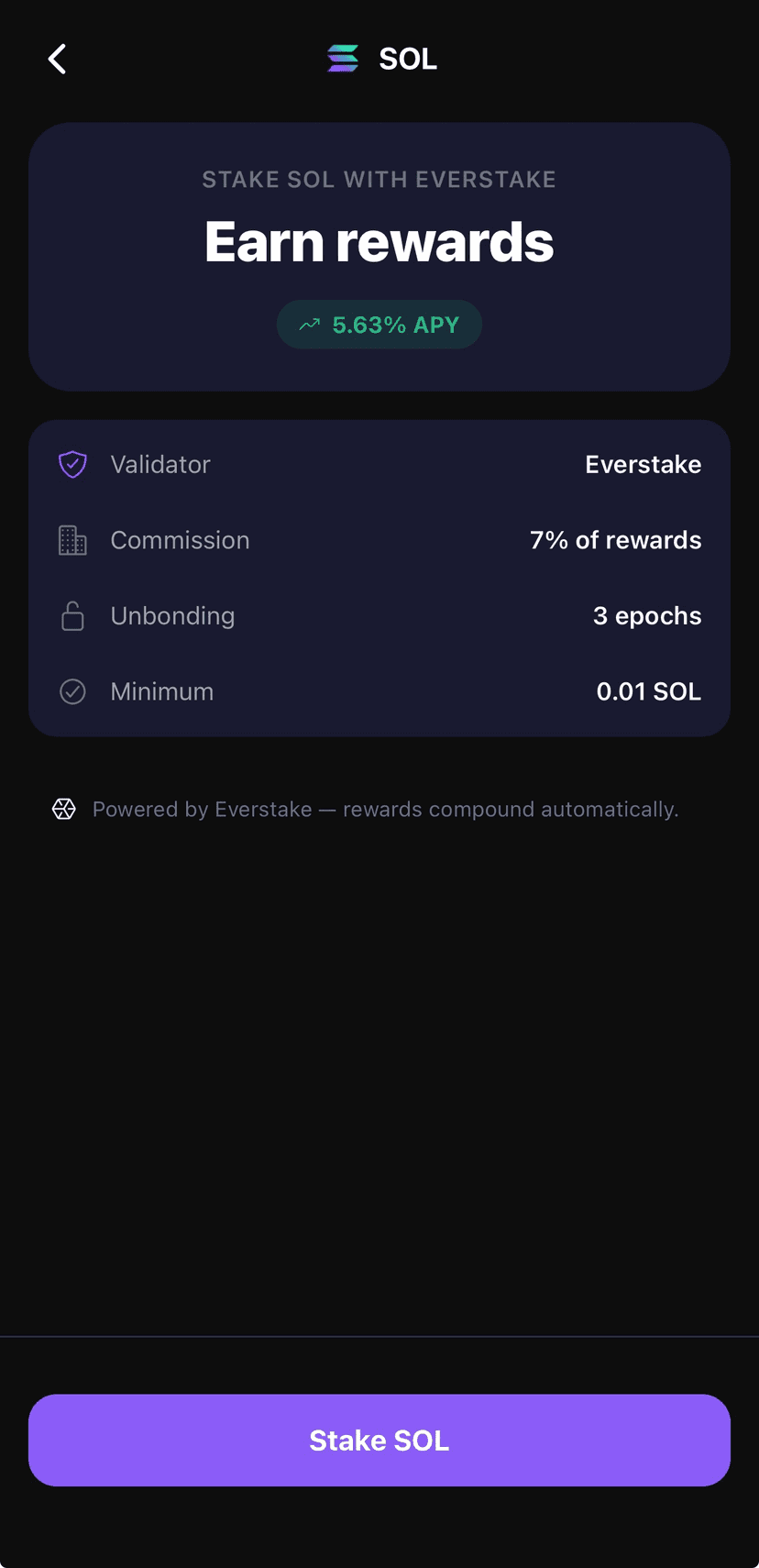 369 Wallet SOL staking screen — earn staking rewards via Everstake